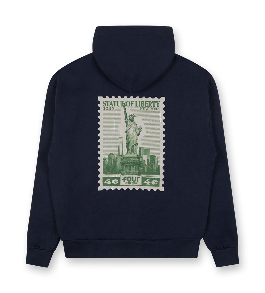 NY Stamp Statue of Liberty Hoodie Marine Blue