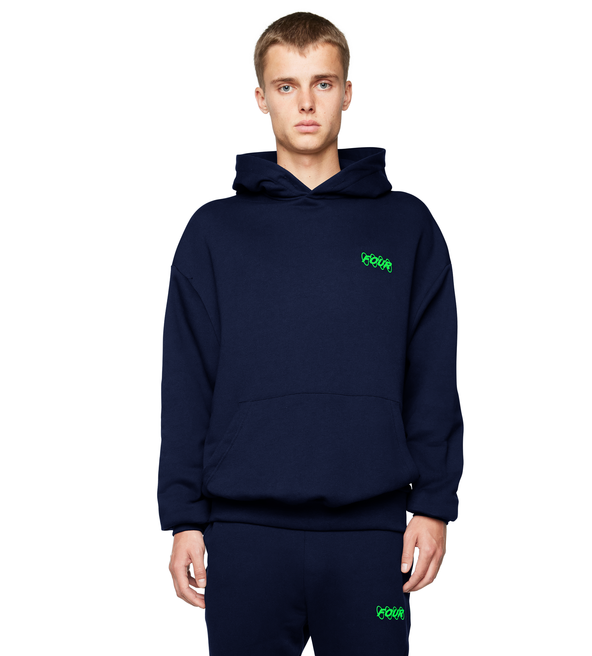 Neon Green Circles Logo Hoodie Marine Blue