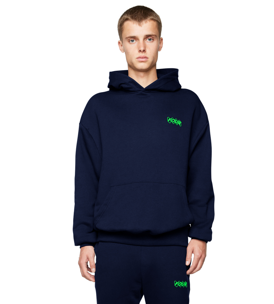 Neon Green Circles Logo Hoodie Marine Blue